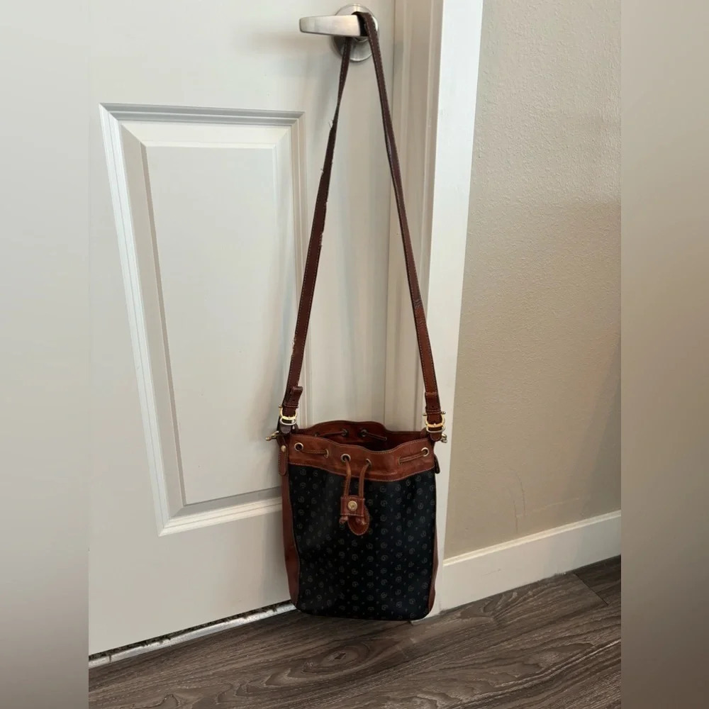 POLLINI Shoulder BUCKET bag Brown/Black  VINTAGE Leather heavy RRP £390